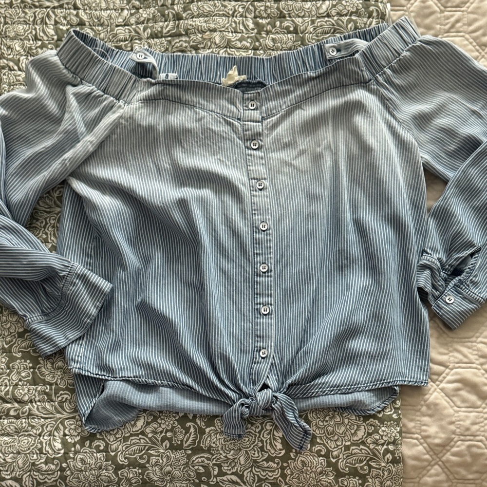 Tribal Light Blue Striped Off-Shoulder Blouse